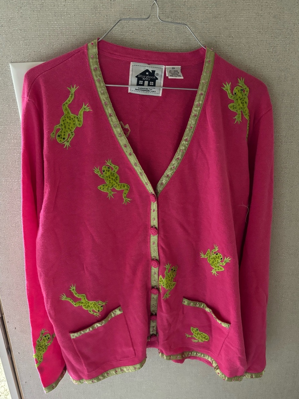 VTG 90s Storybook Knits Pink Frog Cardigan Sweater 2X Cottagecore